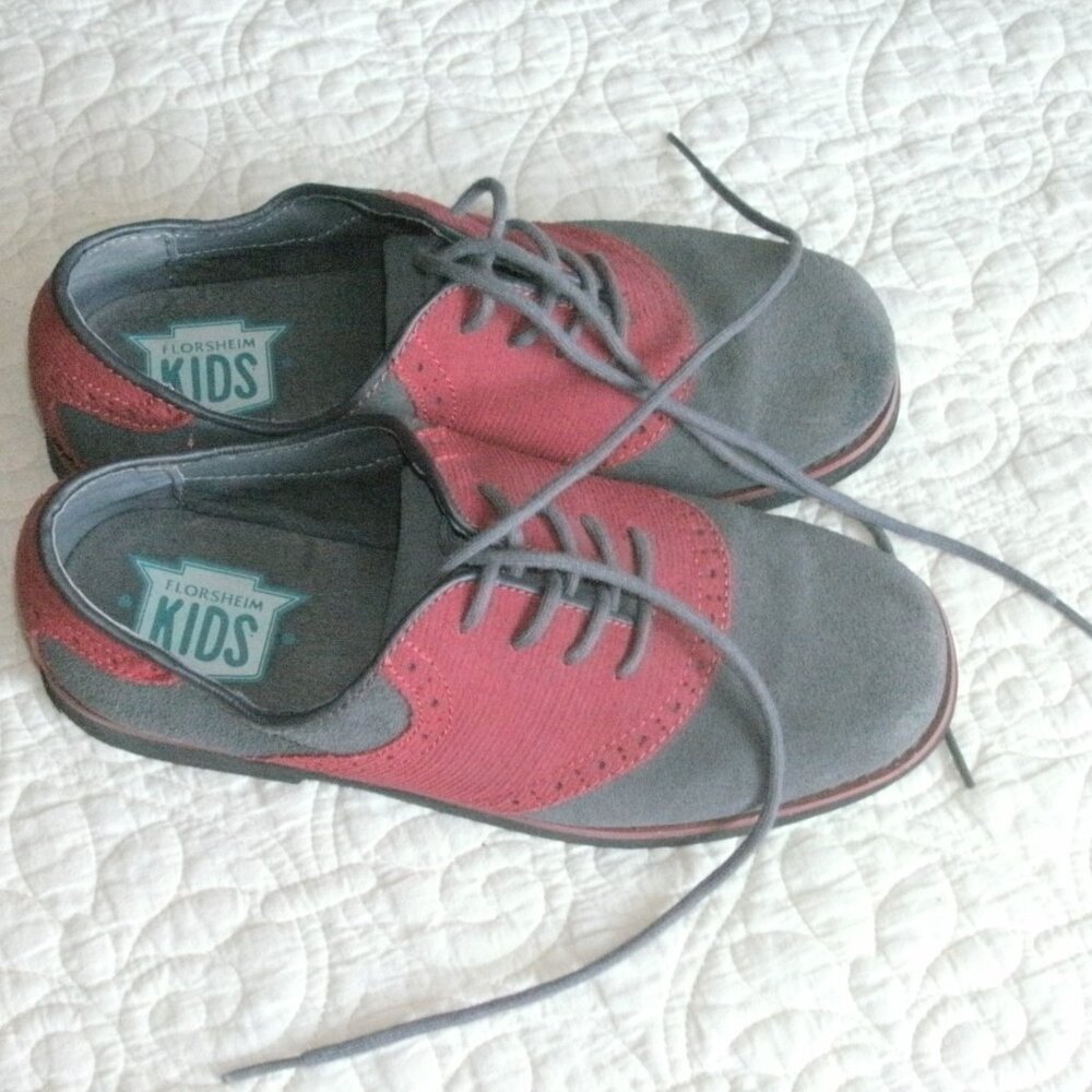 Florsheim Kids Grey Suede & Red Lace up Oxford Leather Shoes Boys Size 4